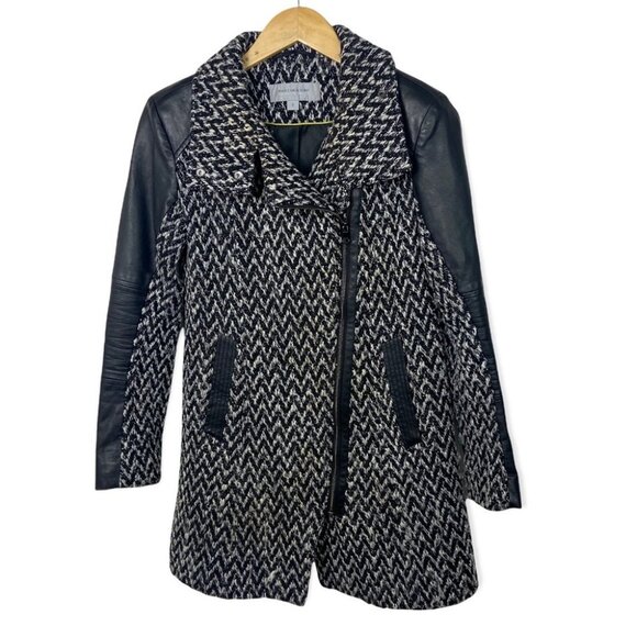 Marc New York Andrew Marc Tweed Jacket Black Faux Leather Coat‎ Size 2 Chevron - Picture 1 of 15